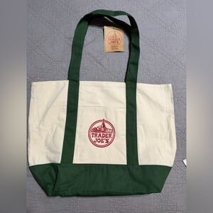 Trader Joe's Green and Cream Canvas Tote Bag
